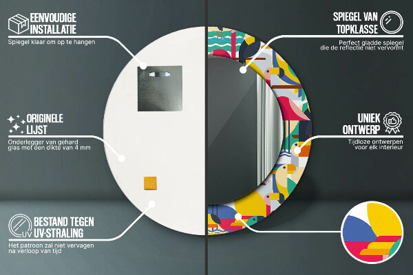 Specchio tondo stampato Uccelli tropicali geometrici