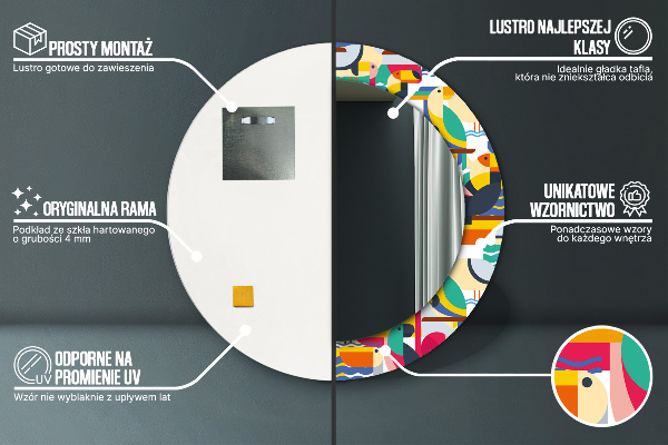 Specchio tondo stampato Uccelli tropicali geometrici