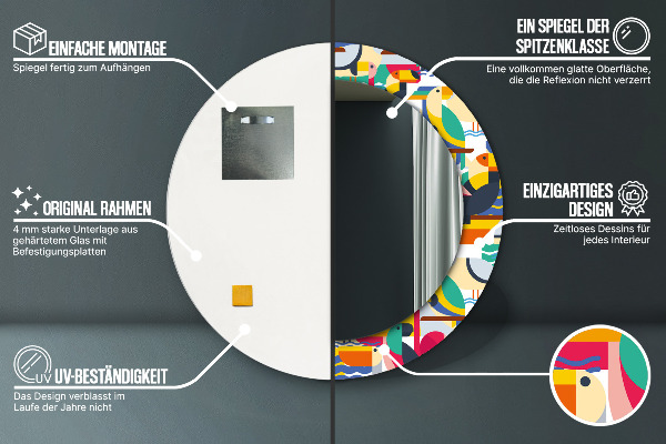 Specchio tondo stampato Uccelli tropicali geometrici