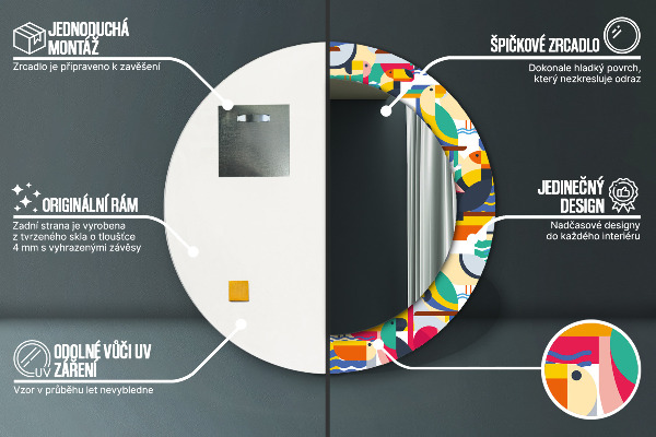 Specchio tondo stampato Uccelli tropicali geometrici