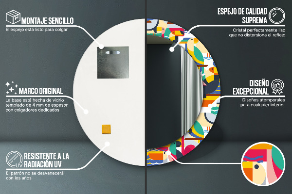 Specchio tondo stampato Uccelli tropicali geometrici