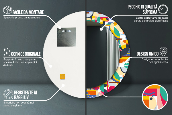 Specchio tondo stampato Uccelli tropicali geometrici