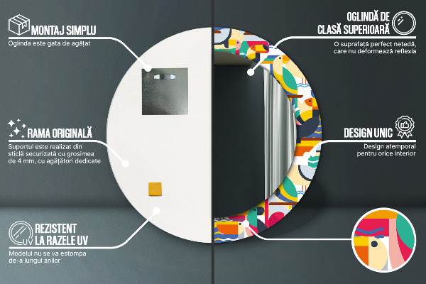 Specchio tondo stampato Uccelli tropicali geometrici