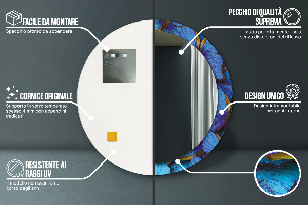 Specchio tondo stampato Farfalla blu e verde