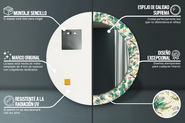 Specchio tondo decoro Fiori e uccelli