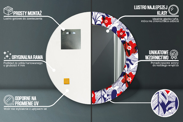 Specchio tondo decoro Filodendro e fiori rossi