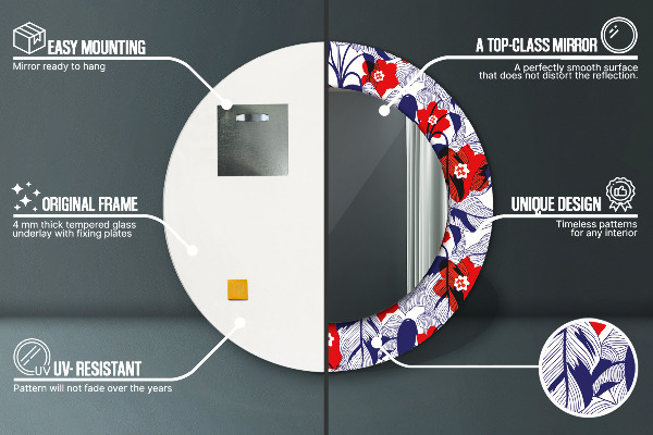 Specchio tondo decoro Filodendro e fiori rossi