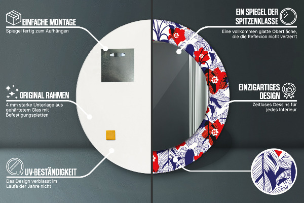 Specchio tondo decoro Filodendro e fiori rossi