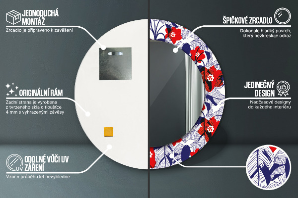 Specchio tondo decoro Filodendro e fiori rossi