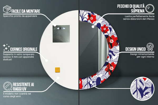 Specchio tondo decoro Filodendro e fiori rossi