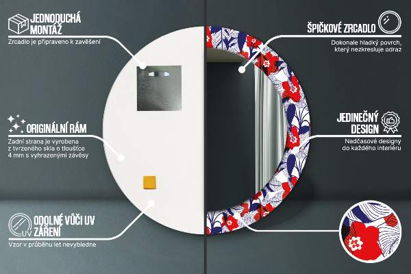 Specchio tondo decoro Filodendro e fiori rossi