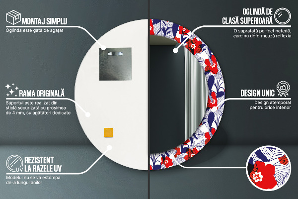 Specchio tondo decoro Filodendro e fiori rossi