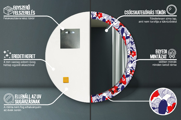 Specchio tondo decoro Filodendro e fiori rossi