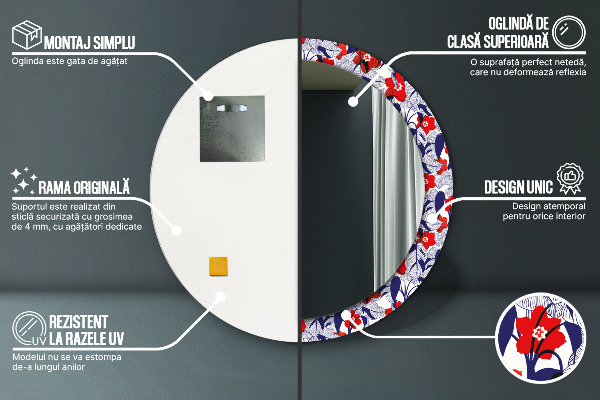 Specchio tondo decoro Filodendro e fiori rossi