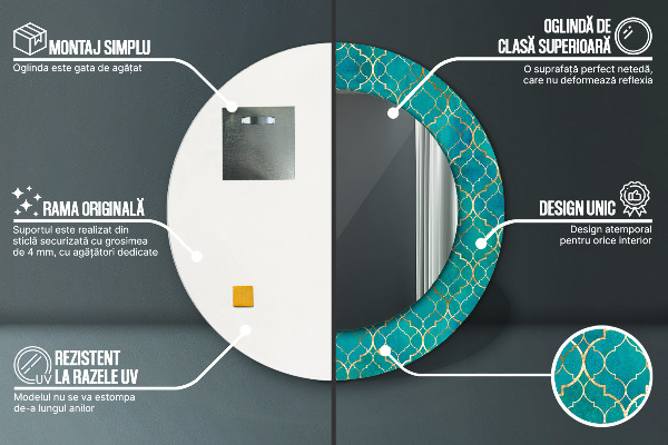 Specchio tondo stampato Composizione verde e oro