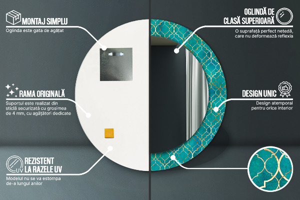 Specchio tondo stampato Composizione verde e oro