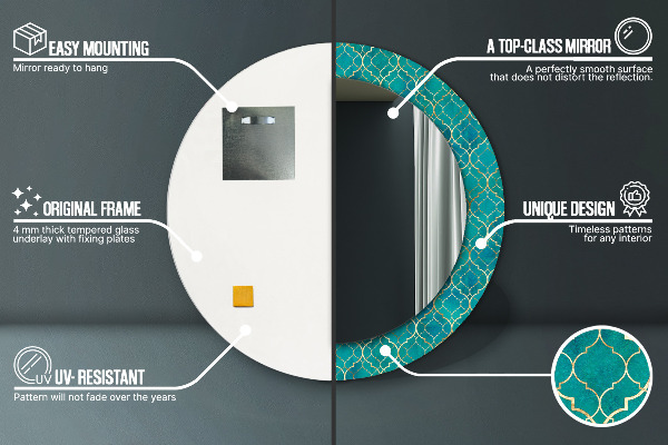 Specchio tondo stampato Composizione verde e oro