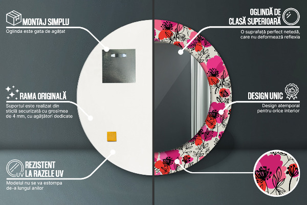 Specchio tondo decoro Poppies rosa