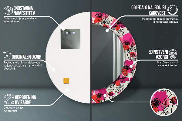 Specchio tondo decoro Poppies rosa