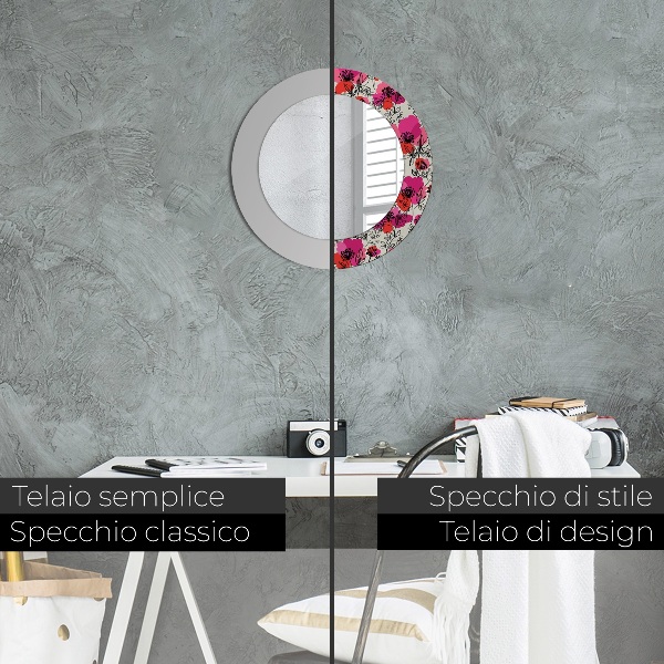Specchio tondo decoro Poppies rosa