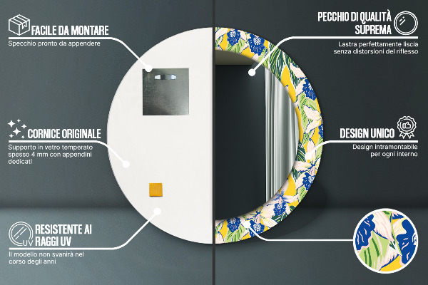 Specchio tondo stampato Orchidee blu e gialle