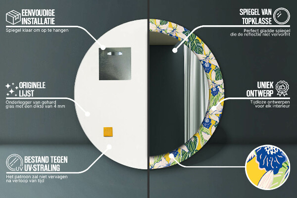 Specchio tondo stampato Orchidee blu e gialle