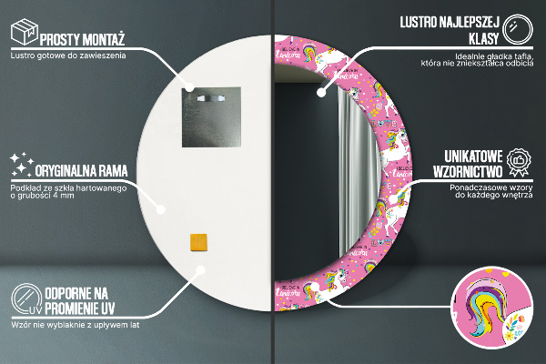 Specchio tondo con cornice stampata Un unicorno magico