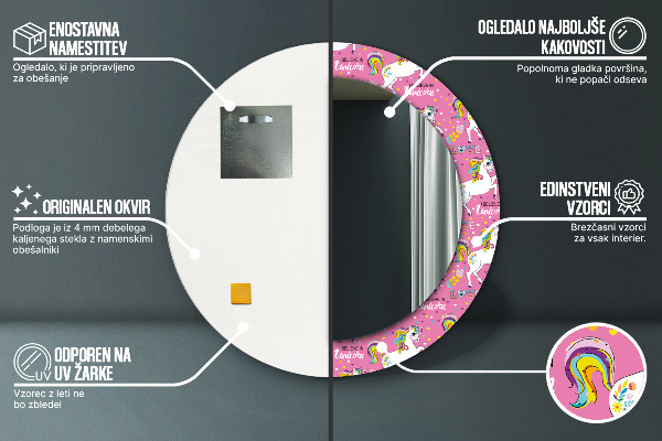 Specchio tondo con cornice stampata Un unicorno magico