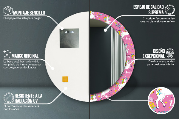 Specchio tondo con cornice stampata Un unicorno magico