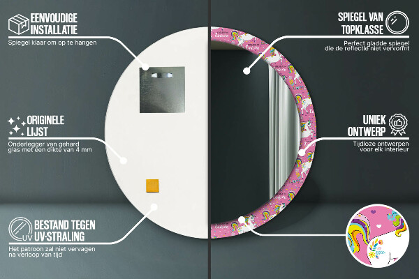 Specchio tondo con cornice stampata Un unicorno magico