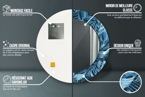 Specchio tondo con cornice stampata Foglie della giungla