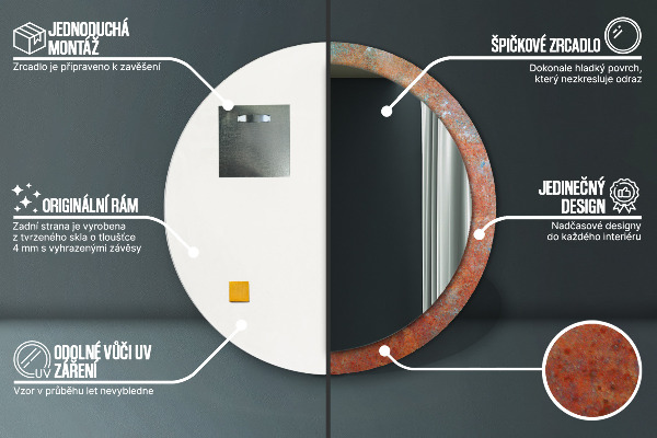Specchio tondo con cornice stampata Metallo arrugginito