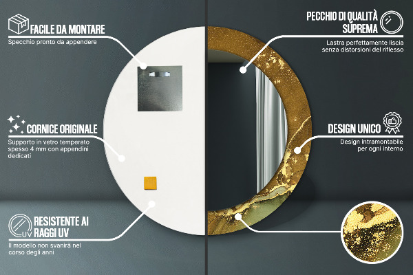 Specchio tondo con cornice stampata Vortici metallici