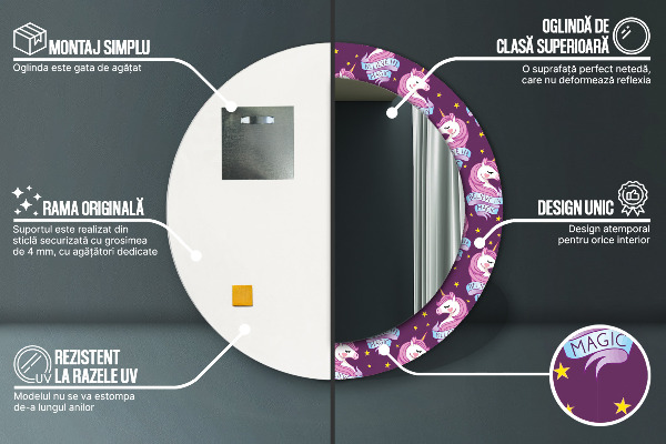 Specchio tondo con cornice stampata Stelle unicorno