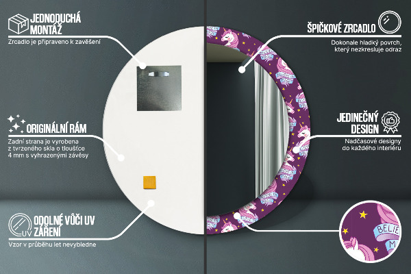 Specchio tondo con cornice stampata Stelle unicorno