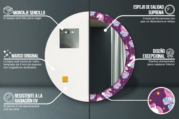 Specchio tondo con cornice stampata Stelle unicorno