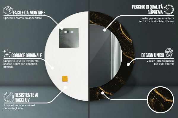 Specchio tondo con cornice stampata Marmo nero