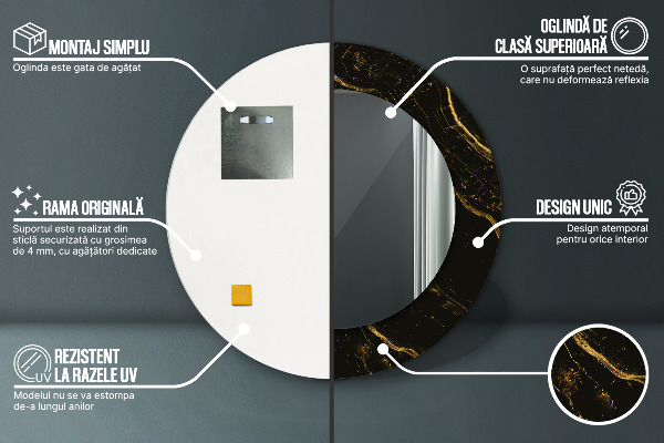 Specchio tondo con cornice stampata Marmo nero