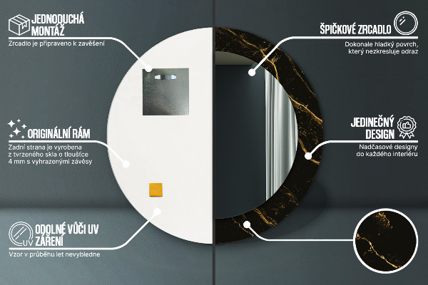 Specchio tondo con cornice stampata Marmo nero