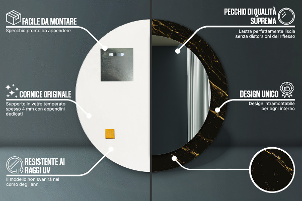 Specchio tondo con cornice stampata Marmo nero