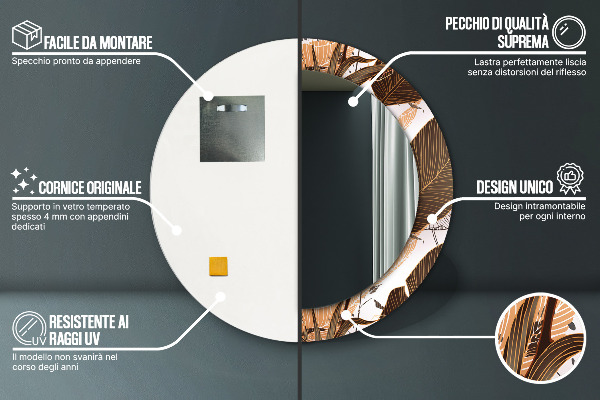 Specchio tondo con cornice stampata foglie di palma