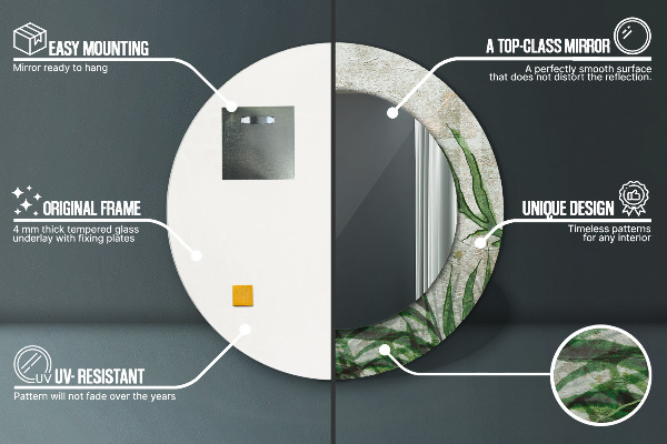 Specchio tondo con cornice stampata Foglie di felce