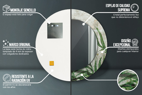 Specchio tondo con cornice stampata Foglie di felce