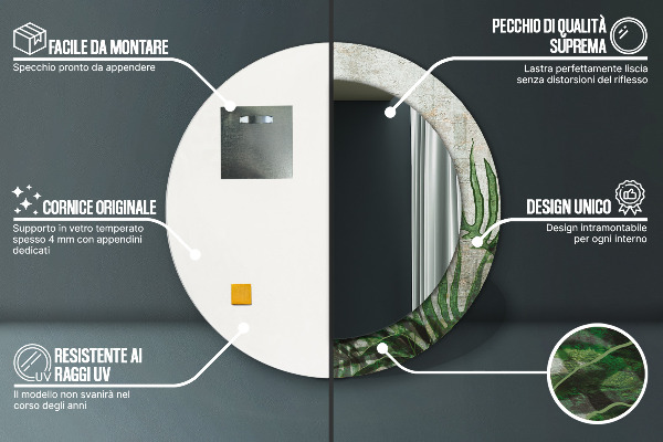 Specchio tondo con cornice stampata Foglie di felce