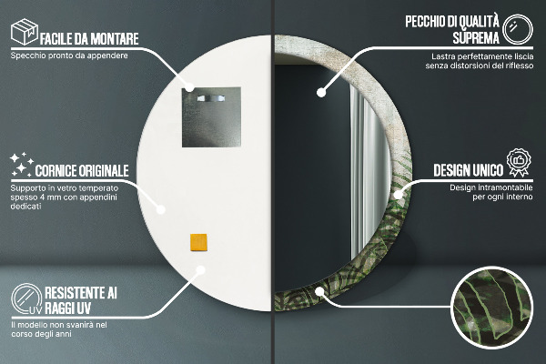 Specchio tondo con cornice stampata Foglie di felce