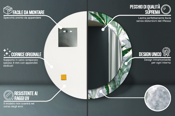 Specchio tondo stampato Foglie tropicali