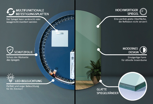 Espejo redondo con un lado cortado LED 84x100 cm