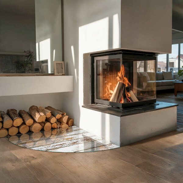 Vetro sotto il camino Tavola di legno danneggiata