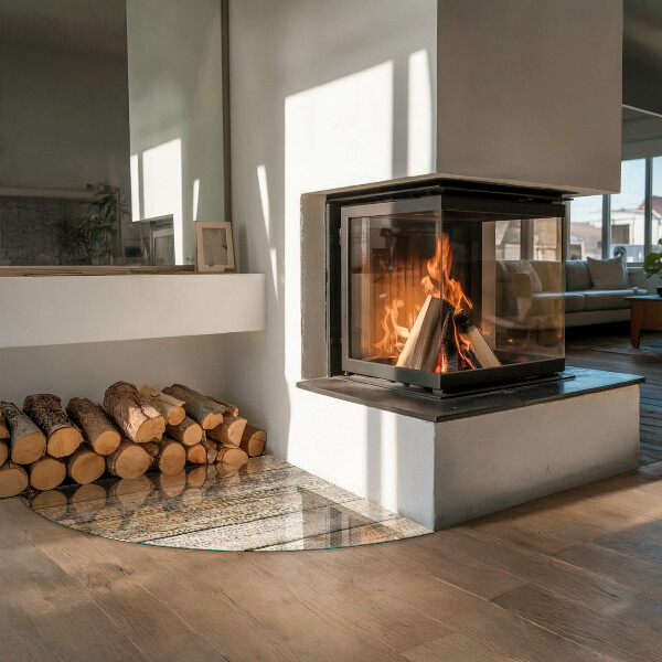 Vetro sotto il camino Tavole di legno naturale