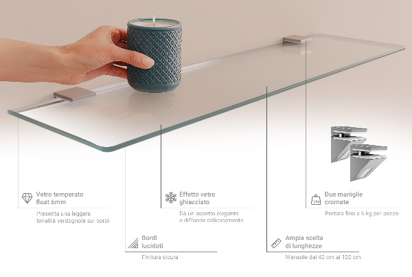 Traslucida mensola in vetro da parete 70x13 cm